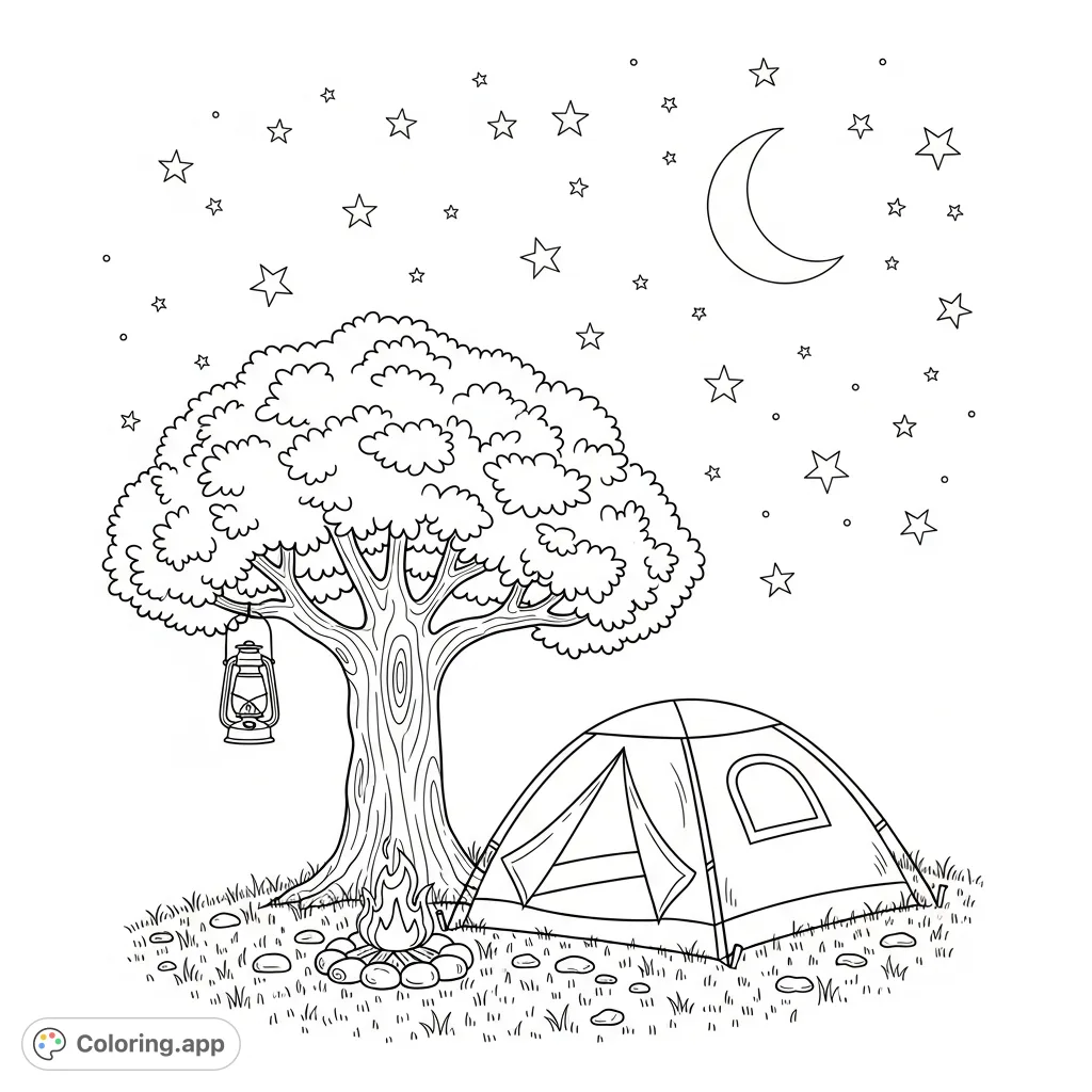Experience the magic of a serene camping night. Color a cozy tent, a crackling campfire, a glowing lantern, and a starlit sky with a crescent moon.