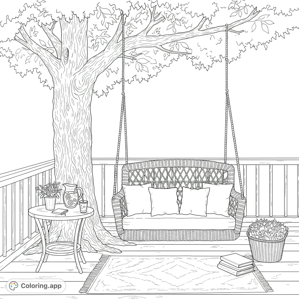 A serene porch swing under a leafy tree, with a side table, lemonade, and books, perfect for a relaxing outdoor scene coloring page.