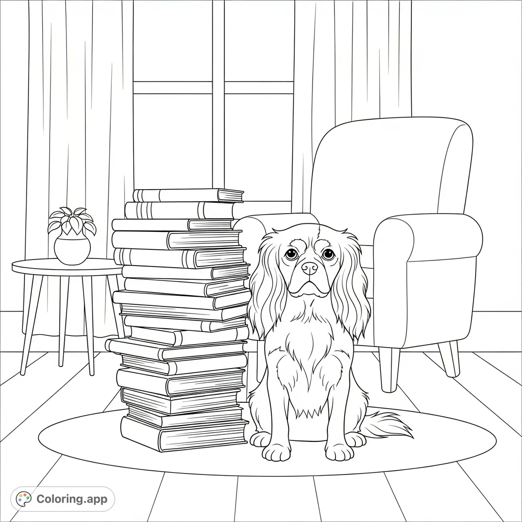 A charming Cavalier King Charles Spaniel relaxes by a stack of books in a simplified, cozy room. Perfect for dog lovers and relaxation.
