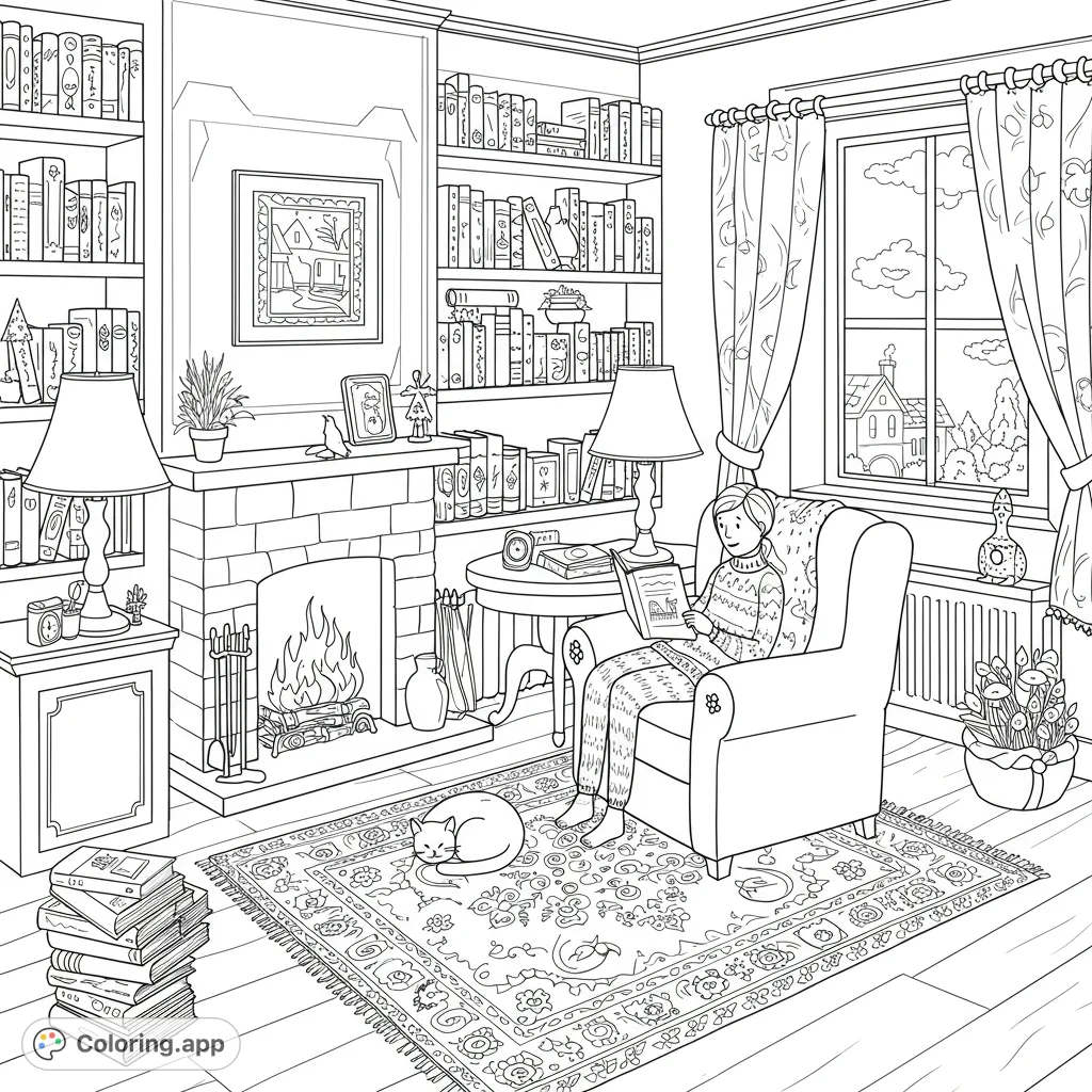 Immerse yourself in a cozy reading room coloring page. A person reads by the fireplace, with a sleeping cat and bookshelves, perfect for relaxation.