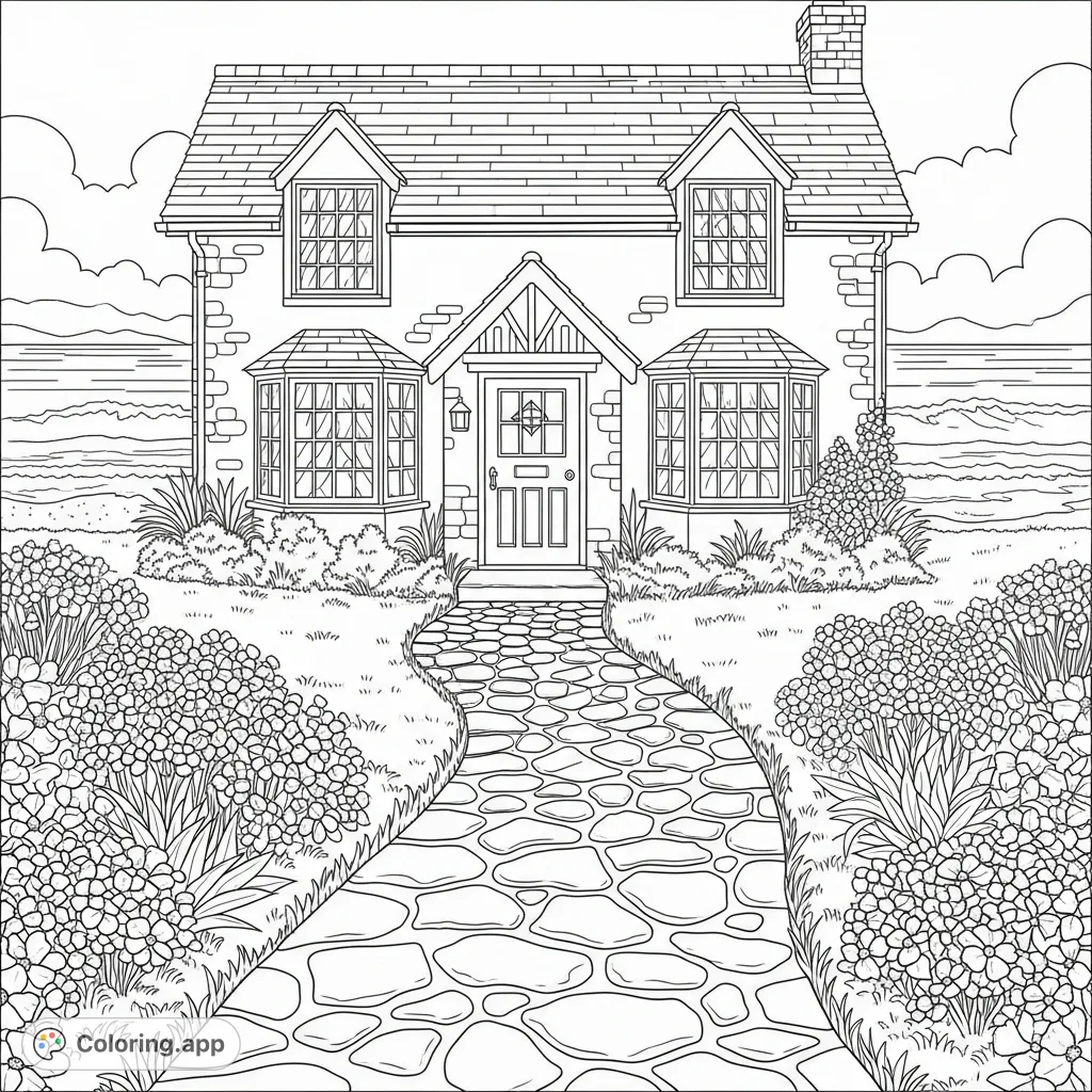 A charming seaside cottage with a stone path, vibrant flowers, and tranquil ocean waves. A perfect escape to color and relax.