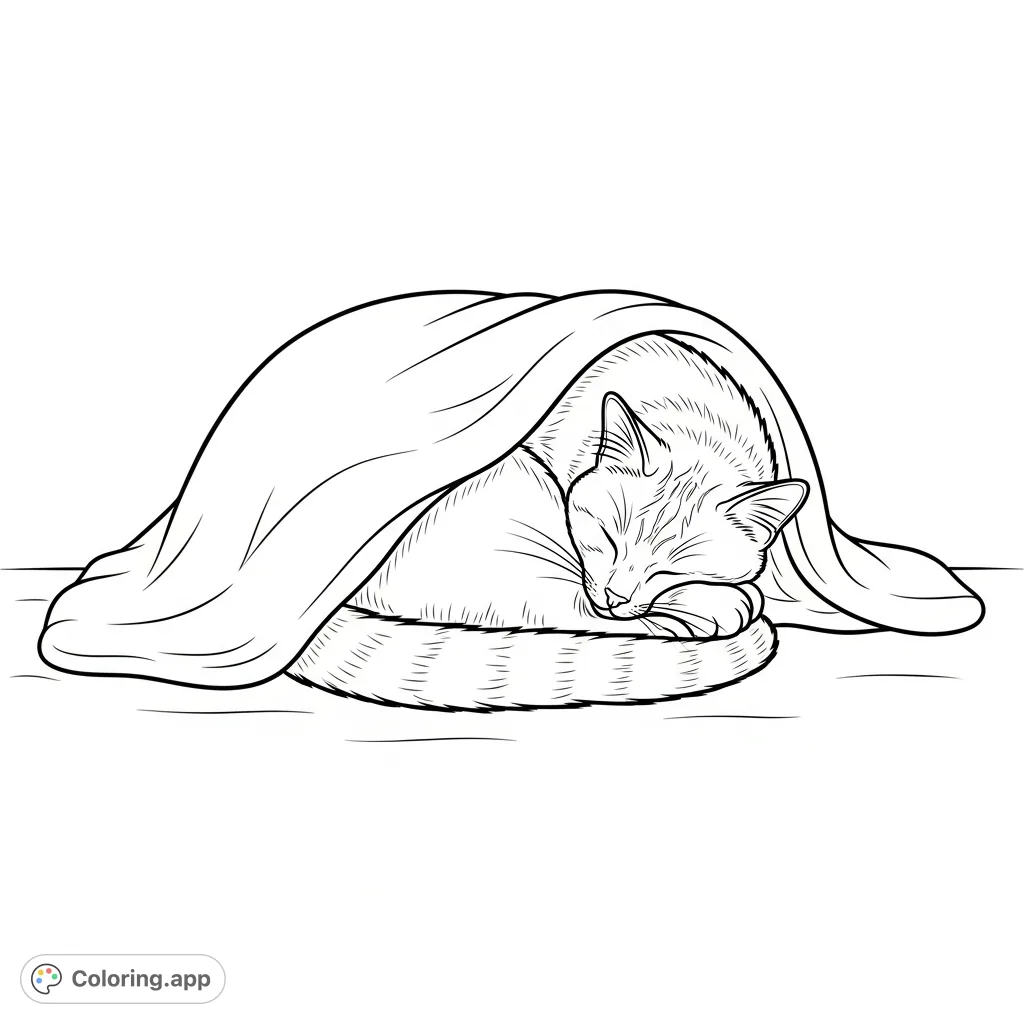 A heartwarming coloring page featuring a domestic cat curled up in a soft blanket, perfect for relaxation and expressing your creativity with fur and fabric textures.