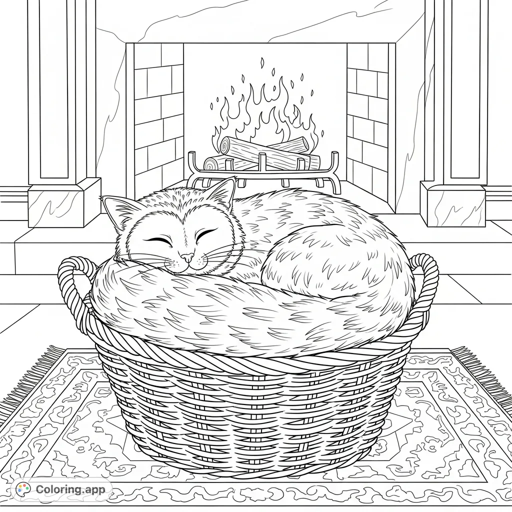 Discover a charming meowl nestled in a woven basket by a crackling fireplace on a patterned rug. A delightful scene for your next coloring adventure!