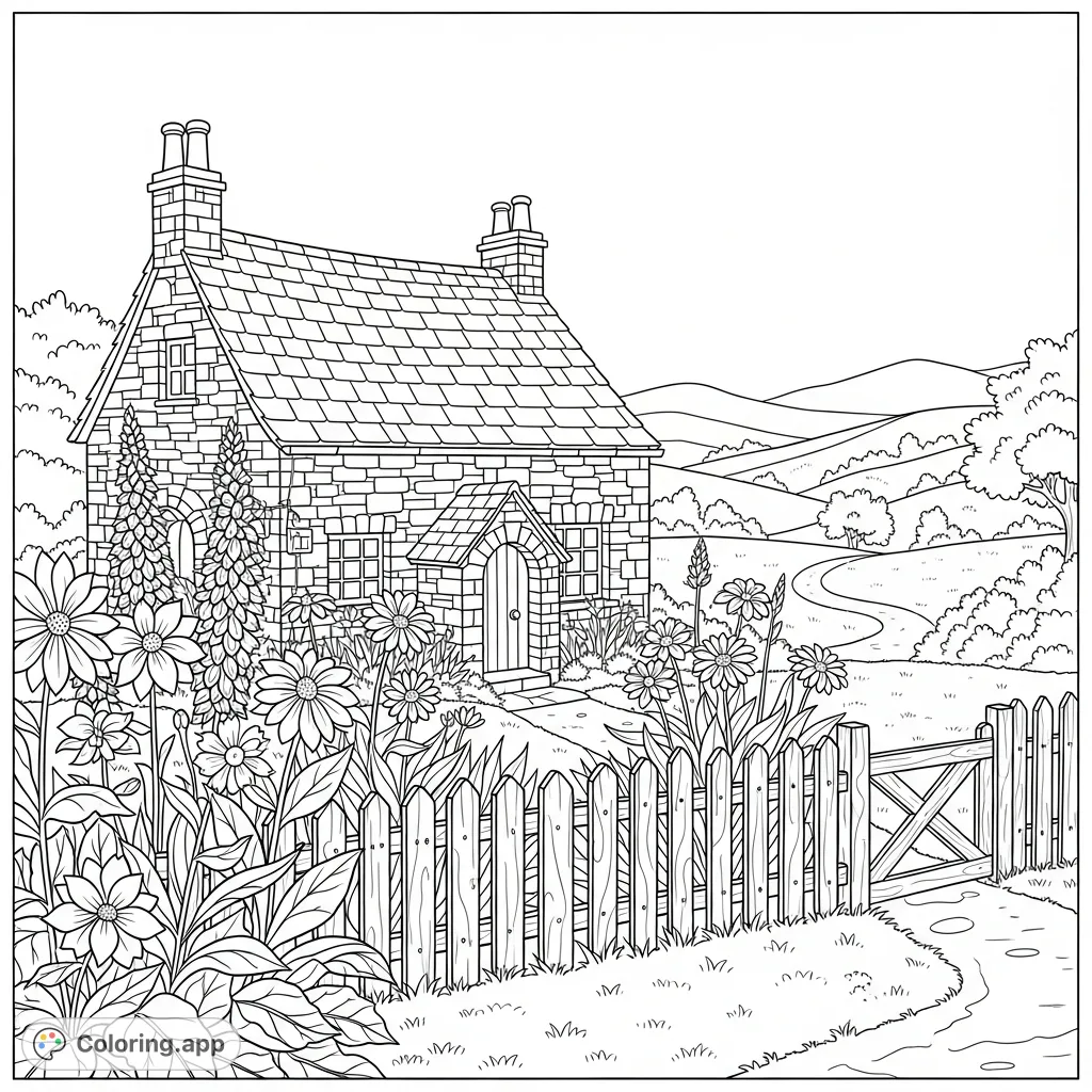 Explore a charming stone cottage nestled in a vibrant garden, complete with a rustic fence, tall blooming flowers, and serene distant hills.