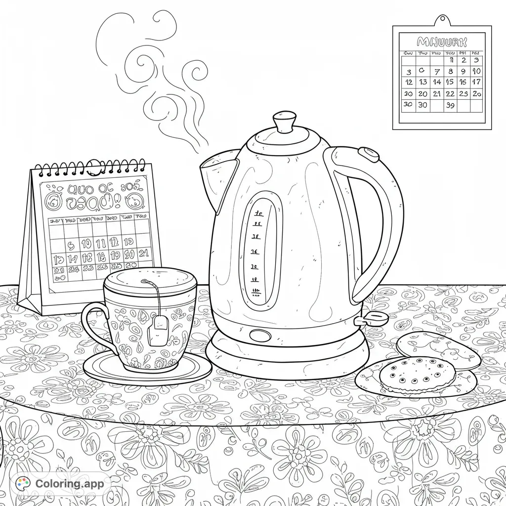 A delightful tea time coloring page featuring a steaming kettle, patterned teacup, and cookies on a floral tablecloth. Perfect for relaxation!