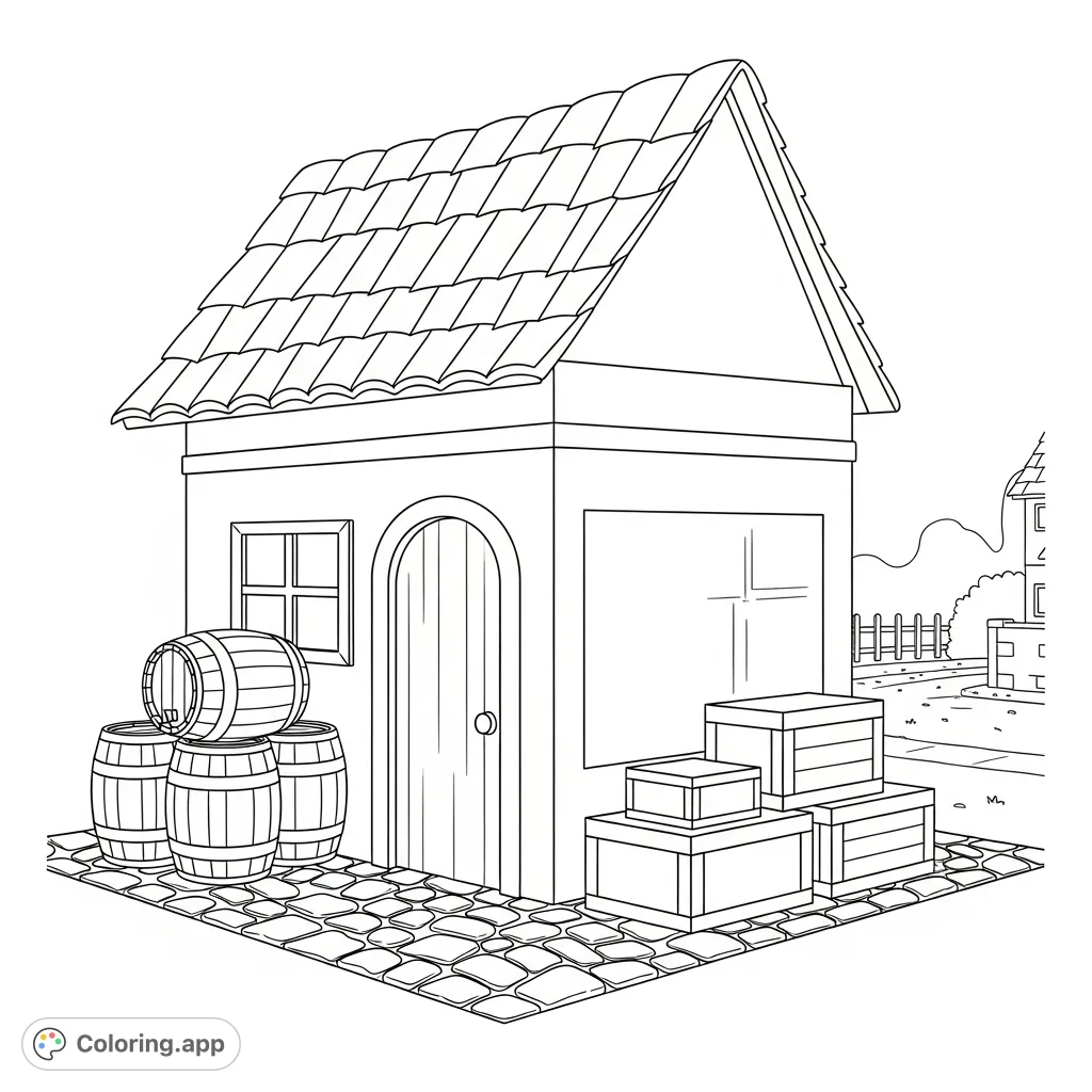 Explore a charming village corner featuring a tiny, inviting shop, surrounded by rustic barrels and simplified boxes, ready for your creative touch.