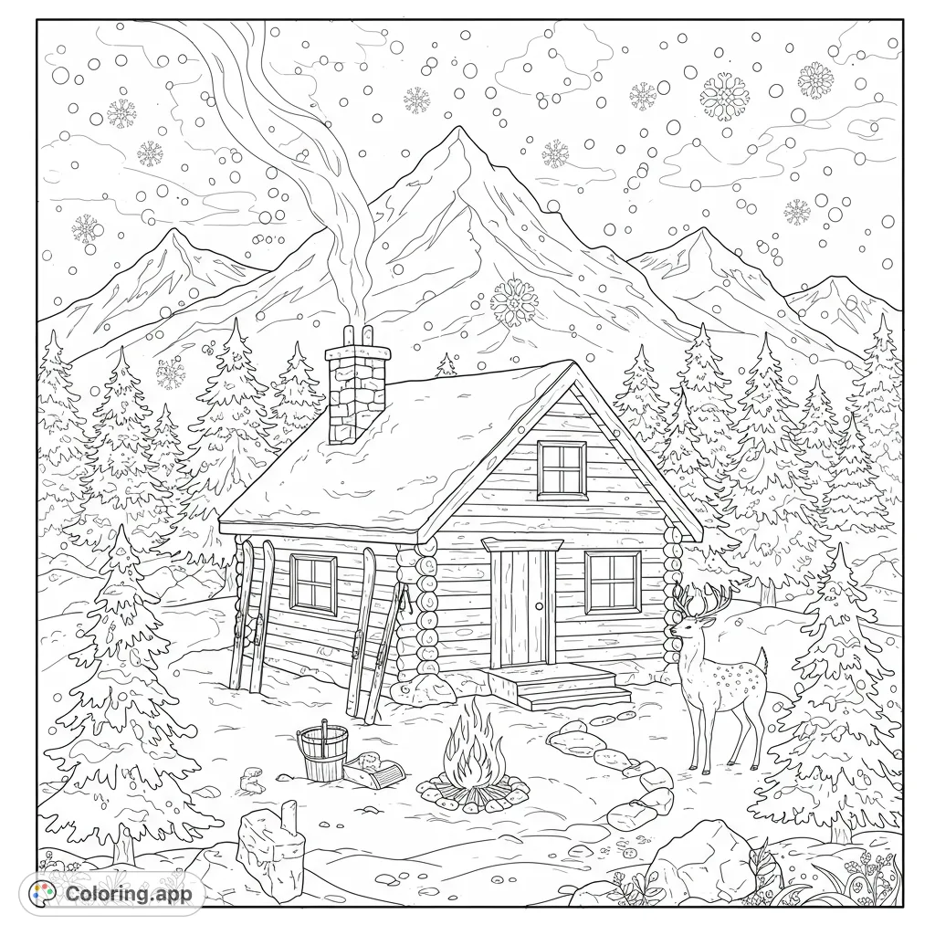 A charming winter cabin scene with a cozy fire, majestic deer, and snowy mountains. A free printable winter cabin coloring page for a relaxing escape.