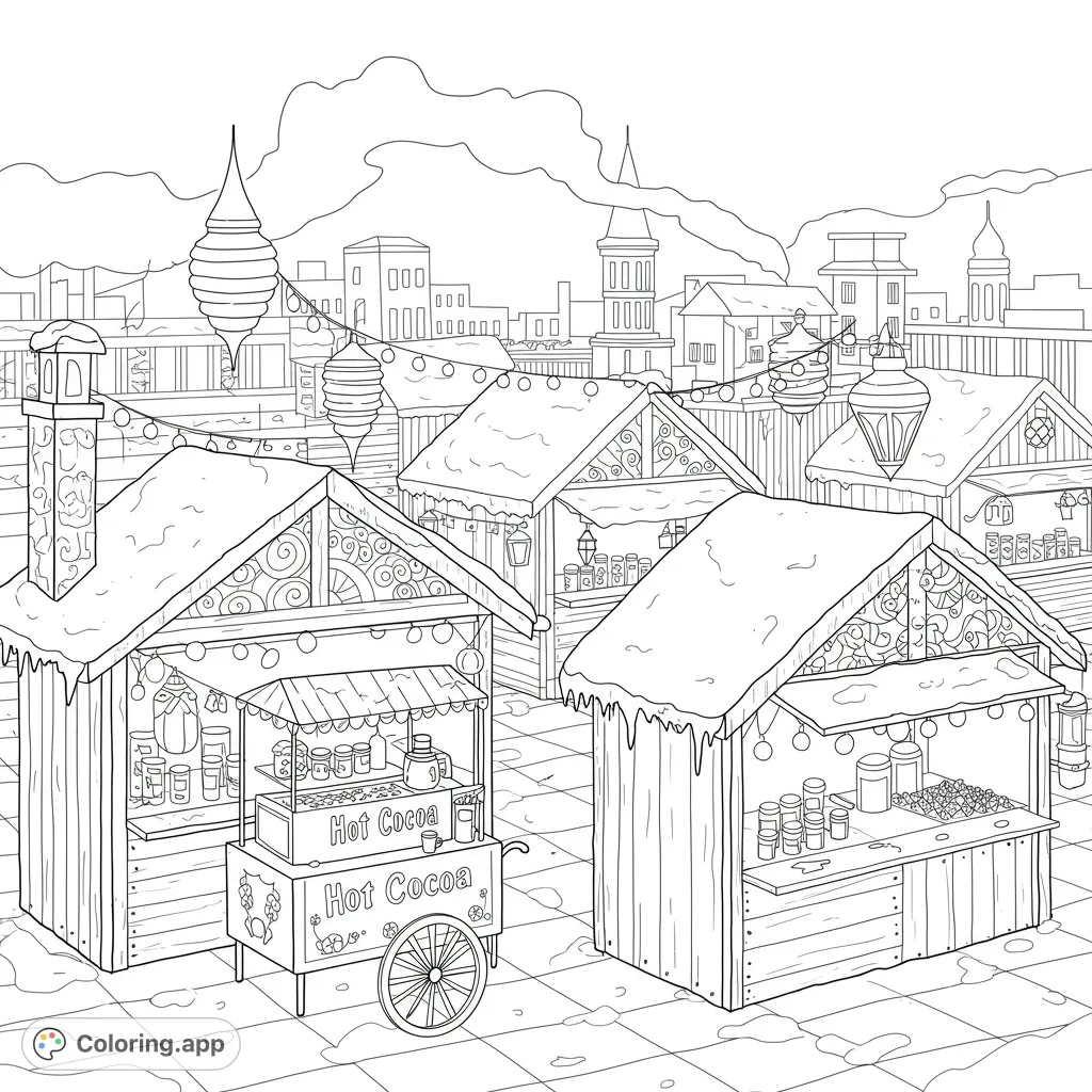A festive winter market scene with charming stalls, a hot cocoa cart, and twinkling lights, perfect for cozy coloring.