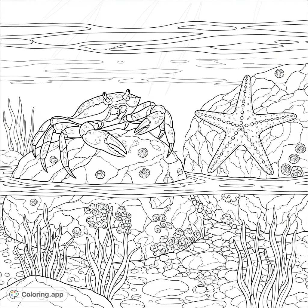 Explore a lively tide pool scene featuring a detailed crab scuttling over barnacle-covered rocks and a starfish clinging to a textured surface, surrounded by gentle water.