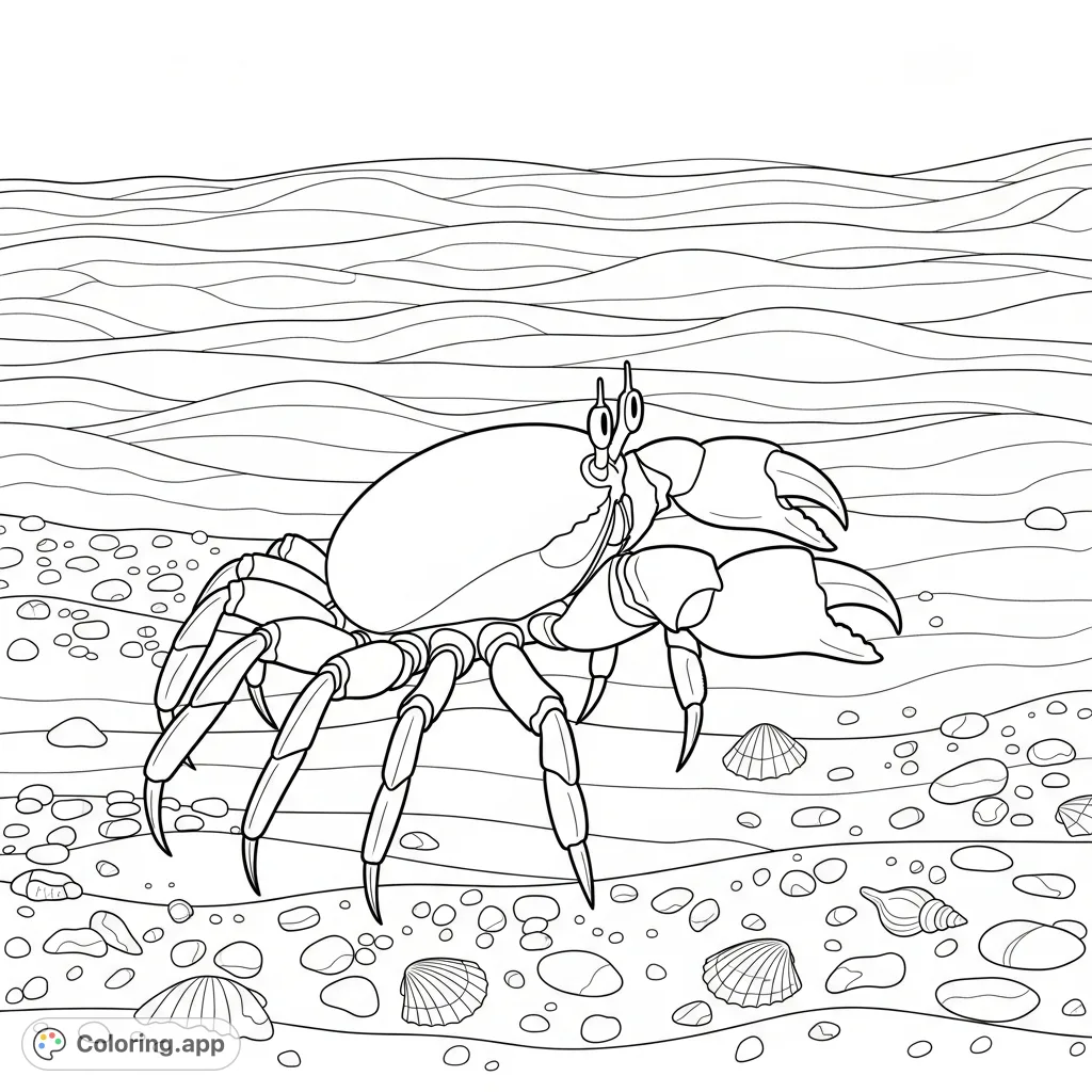 A detailed scene featuring a crab scuttling across a textured sandy beach, surrounded by scattered pebbles and miniature seashells, perfect for marine life enthusiasts.