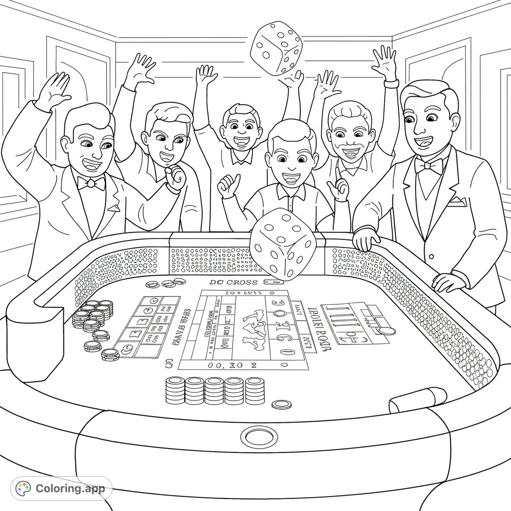 Celebrate big wins at the craps table! A lively casino scene with cheering players and flying dice. Free printable casino coloring page.