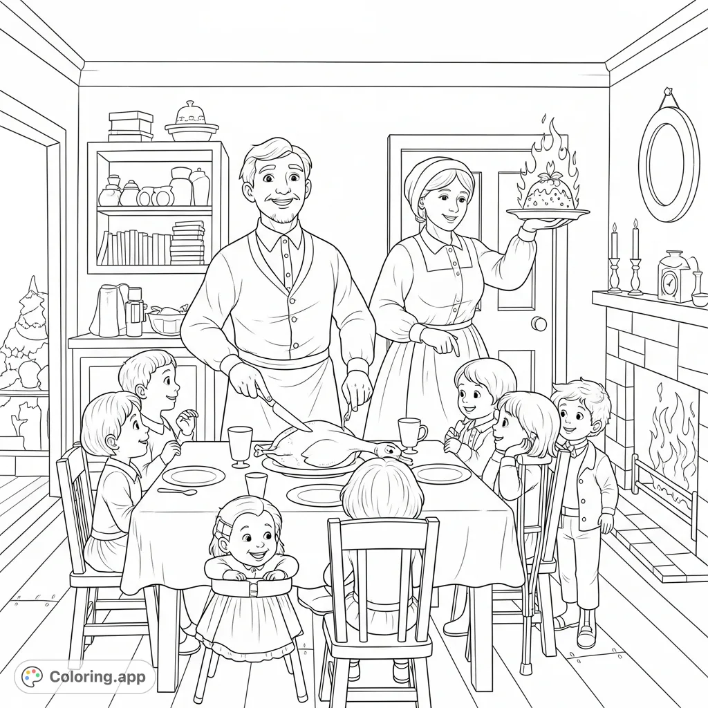 A heartwarming scene of the Cratchit family's Christmas dinner, featuring Bob carving the goose, Mrs. Cratchit with plum pudding, and Tiny Tim's anticipation.