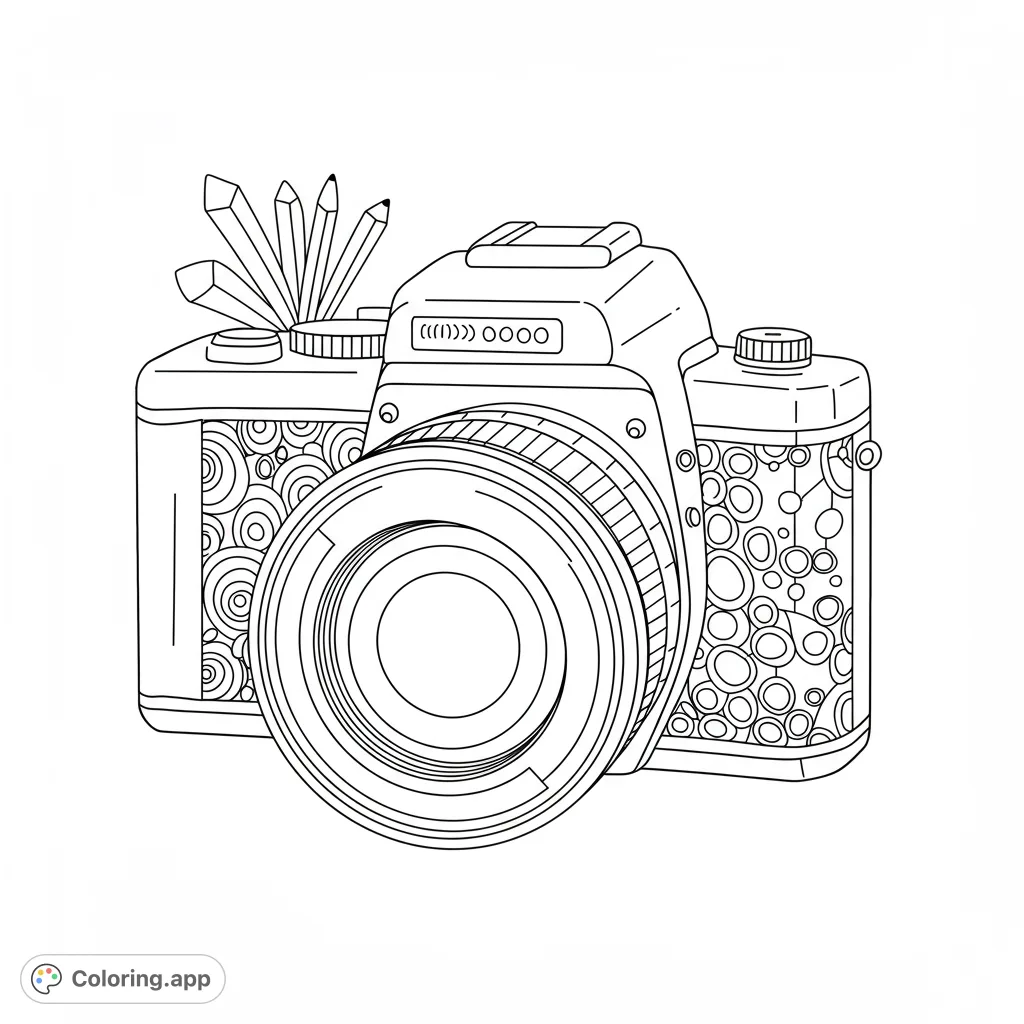 Capture creativity with this detailed camera coloring page, featuring intricate patterns and art supplies. A free printable coloring page for all ages.