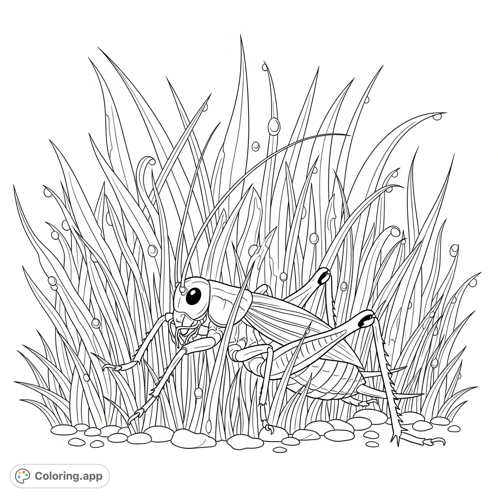 Discover a detailed cricket hiding among a field of tall, intricate grass blades and dewdrops. A serene nature scene for mindful coloring.