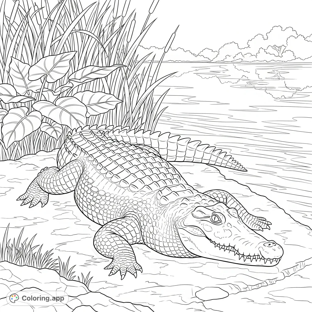 A detailed coloring page of a large crocodile relaxing on a riverbank amidst lush reeds, with rippling river water and distant trees in the background. Perfect for nature lovers.