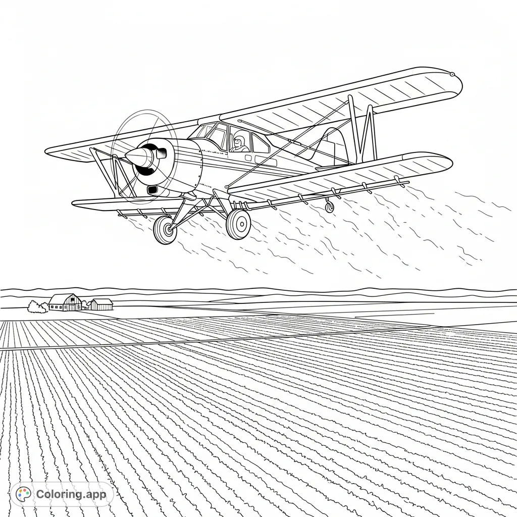 An aerial view of a classic crop duster biplane mid-flight, spraying fields below. Features detailed aircraft and vast agricultural landscape with a distant farmhouse.