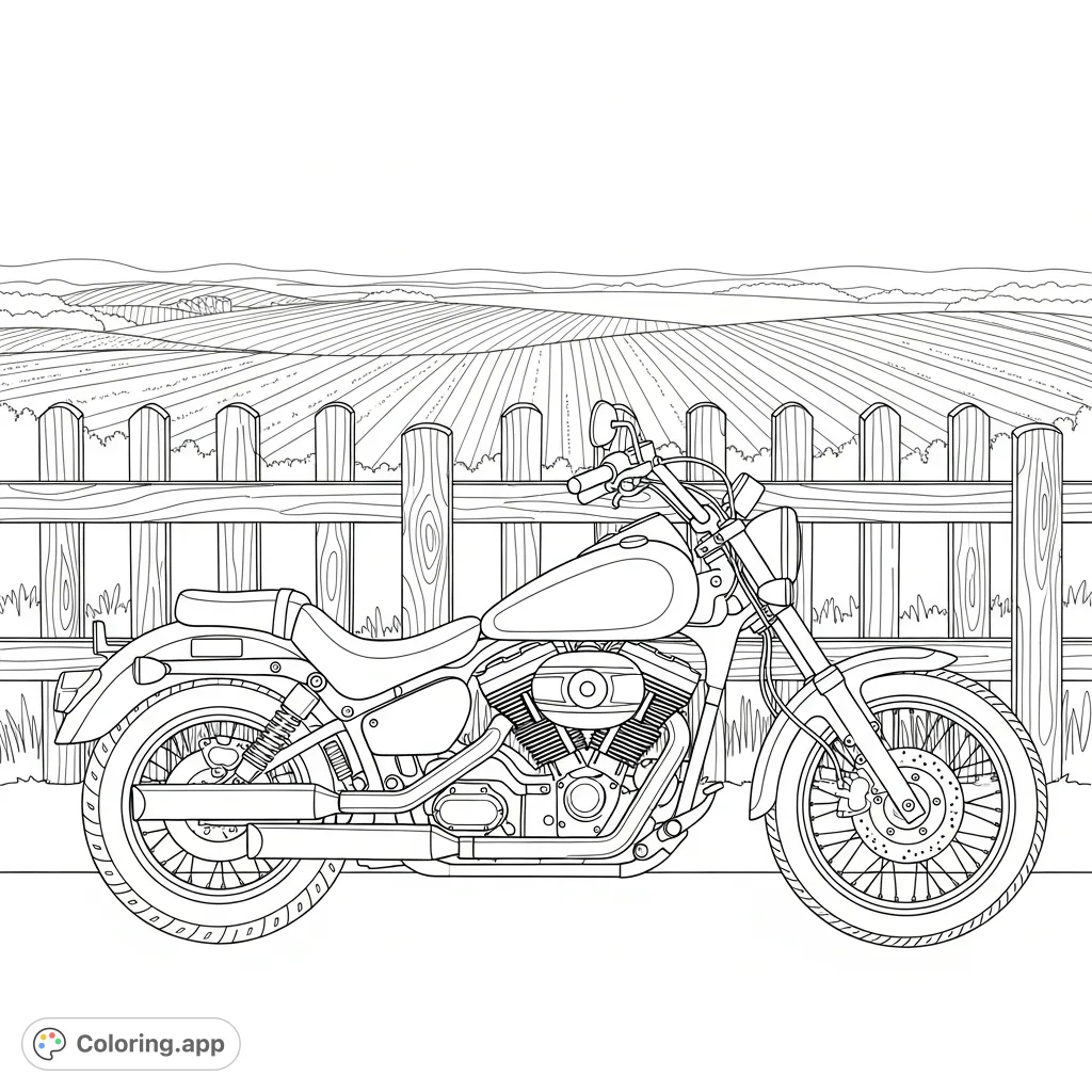 Color a classic cruiser motorcycle parked beside a rustic wooden fence, set against a simplified backdrop of rolling farmland hills and open fields under a clear sky.