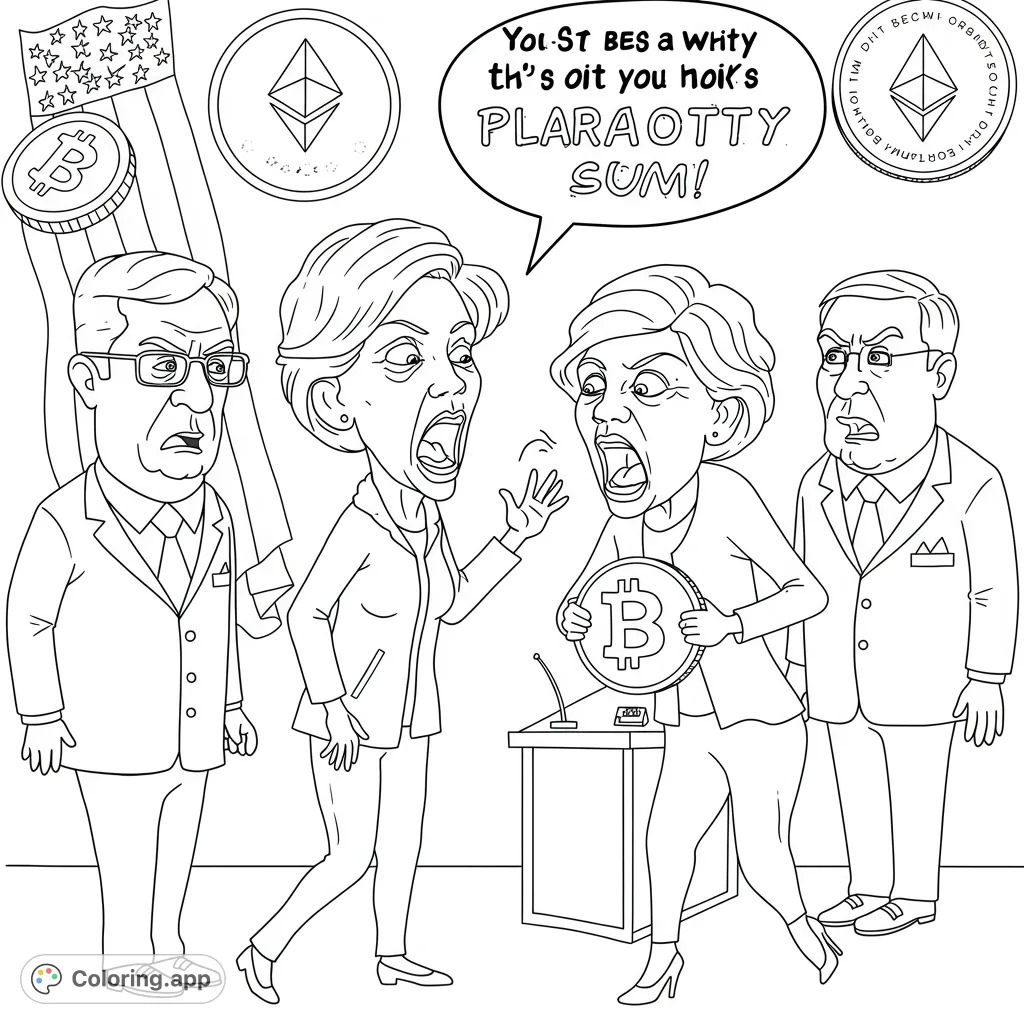 A lively political debate scene featuring caricatured figures passionately discussing cryptocurrency, with Bitcoin and Ethereum symbols.
