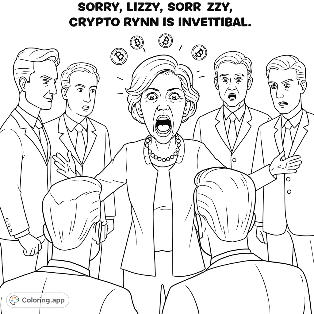 Intense crypto meeting with a screaming woman and shocked men, surrounded by Bitcoin symbols. Free printable coloring page.