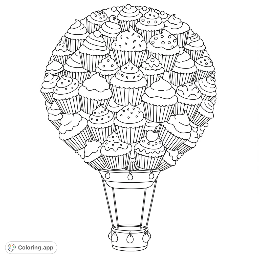 A delightful hot air balloon made entirely of various cupcakes, featuring intricate frosting swirls and toppings, ready for a sweet coloring adventure.
