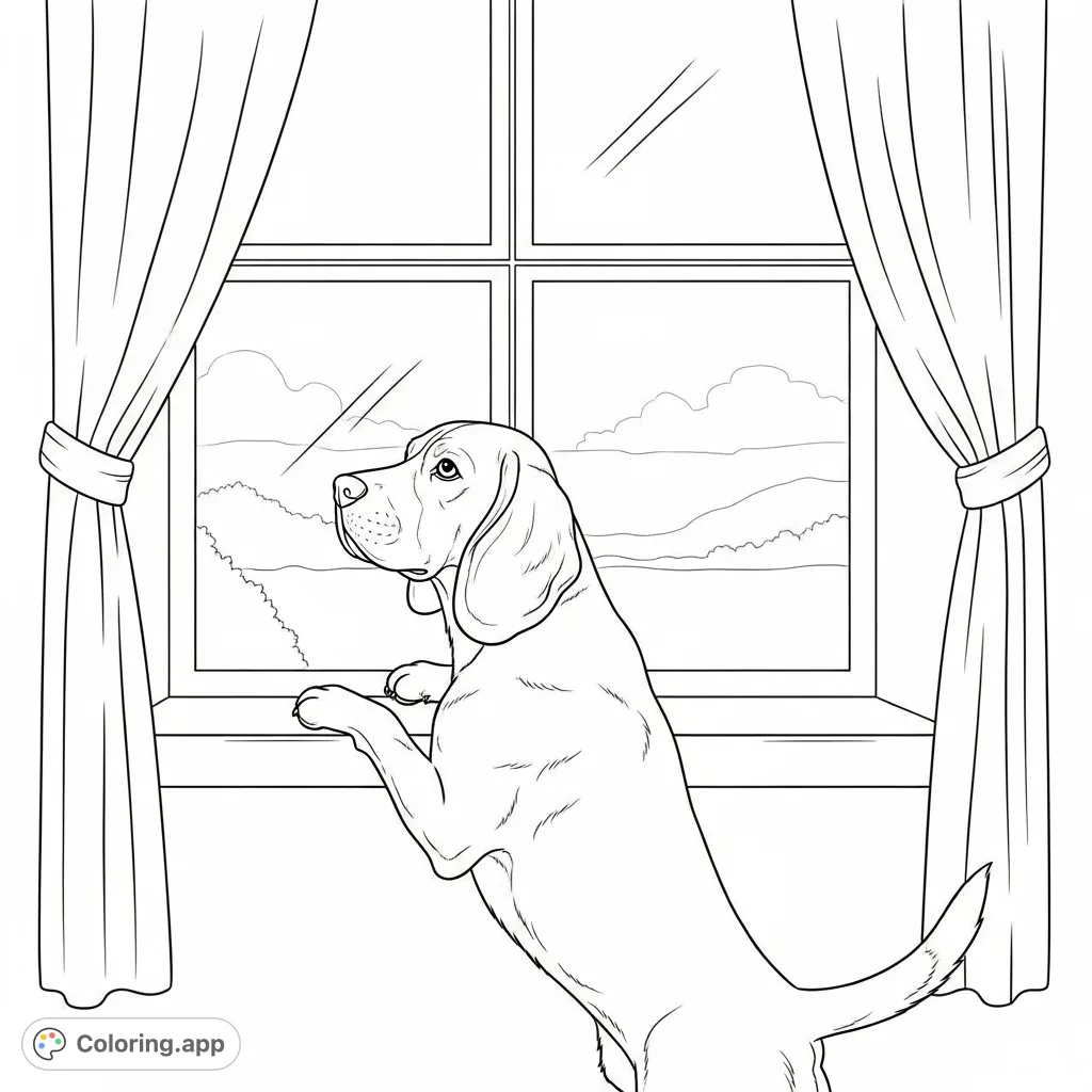 A charming coloring page featuring a beagle leaning on a windowsill, gazing outside, with simple curtains framing the view, perfect for animal lovers.