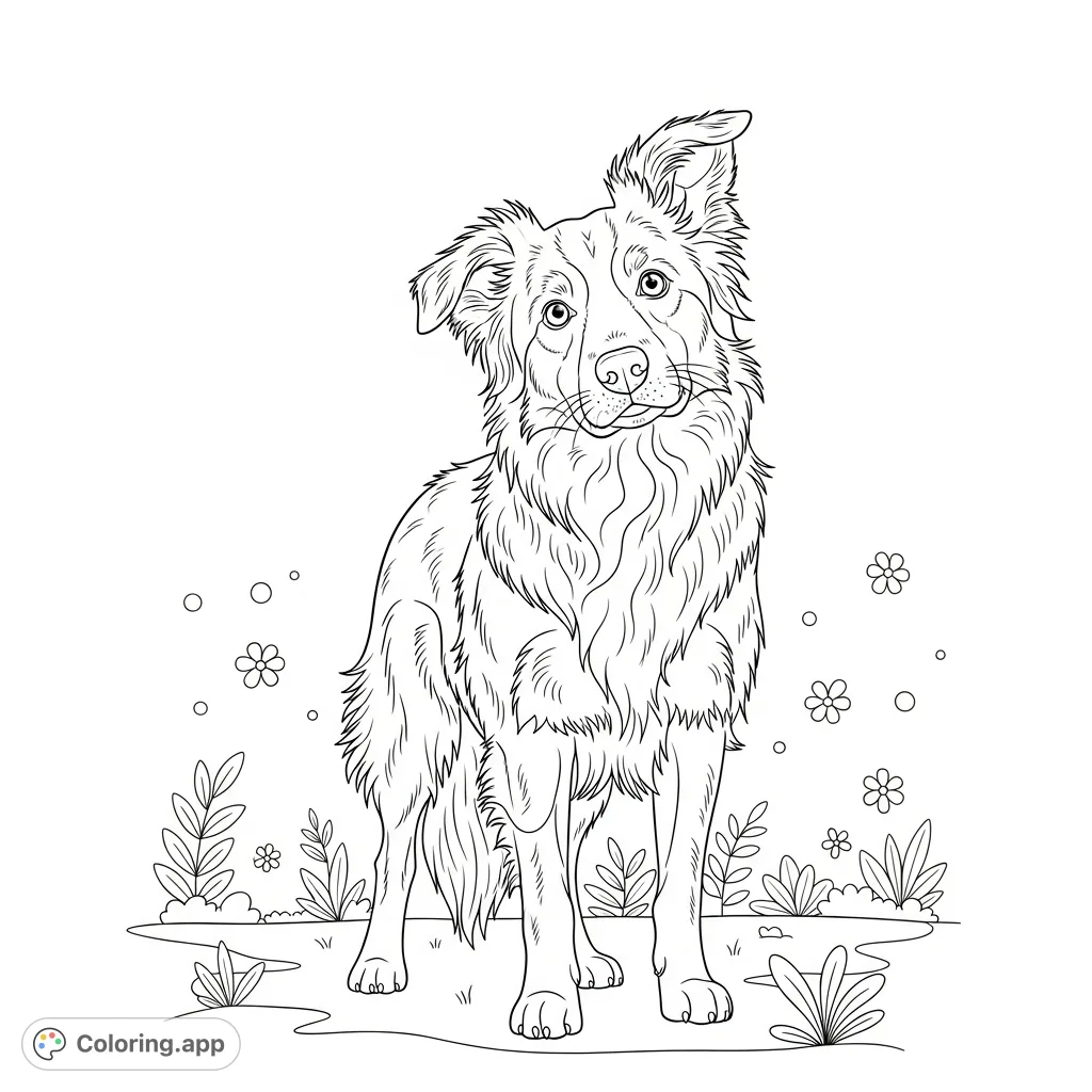 A charming Border Collie with a curious head tilt, detailed fur, and an inquisitive expression, set against a minimal backdrop of subtle floral and plant elements.