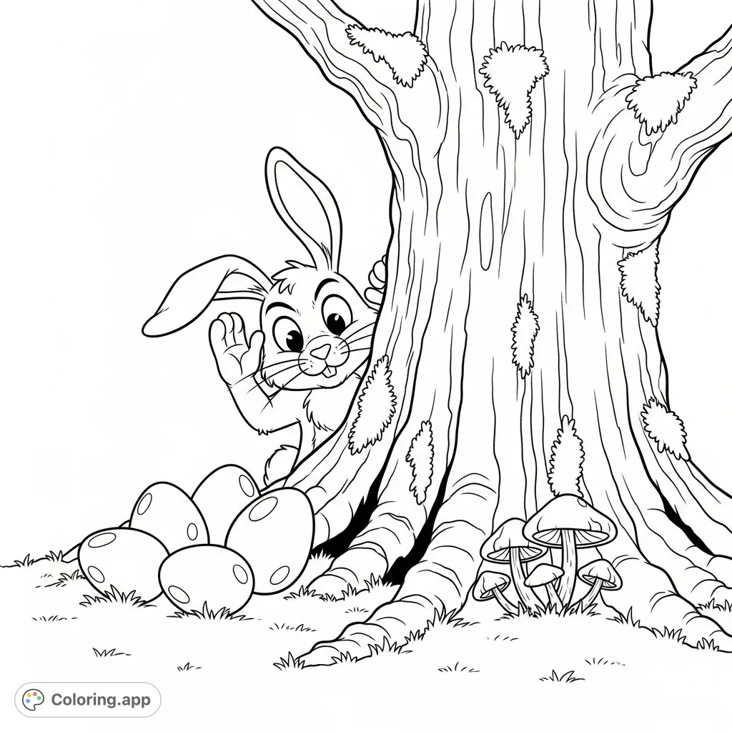 A charming bunny peeks from behind an old oak tree, observing hidden eggs. Perfect for spring-themed activities and nature lovers.