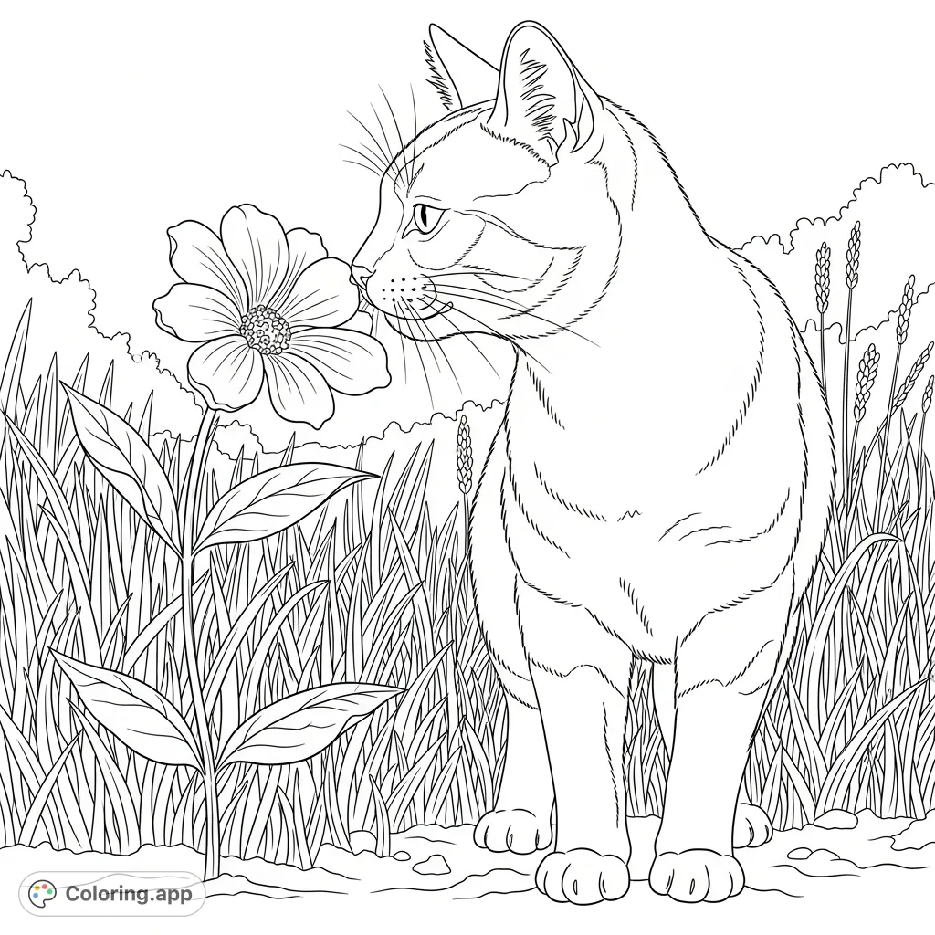 A charming coloring page featuring a curious feline gently sniffing a delicate flower amidst a field of various textured grass blades under a clear sky.