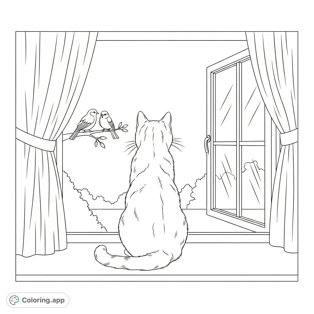 A charming coloring page featuring a domestic cat intently watching two birds from an open window, with a serene outdoor scene beyond.