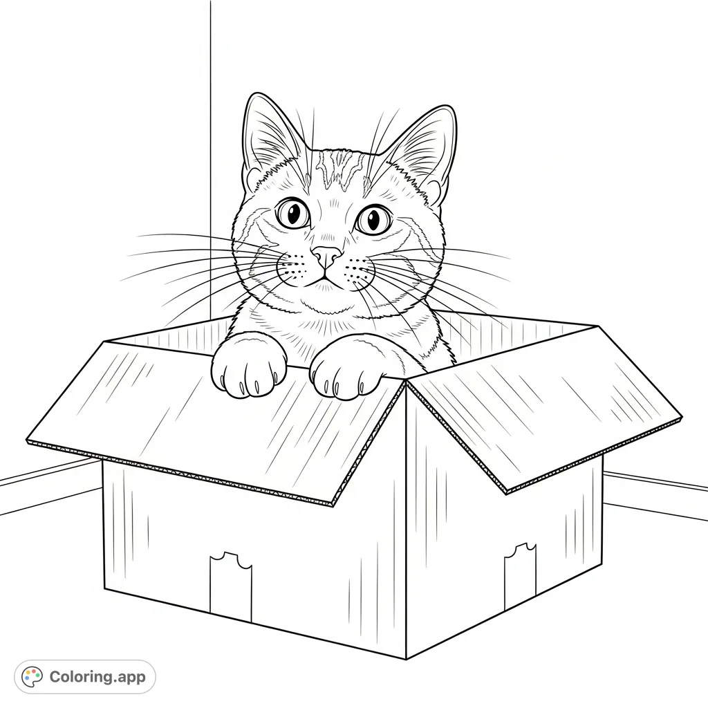A delightful coloring page featuring a curious cat peeking out from a sturdy cardboard box, with paws resting on the front flap and a plain background.
