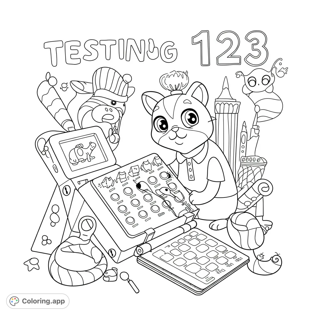 A cute cat explores a learning tablet with animal friends and whimsical objects. Perfect for young tech enthusiasts and imaginative play.