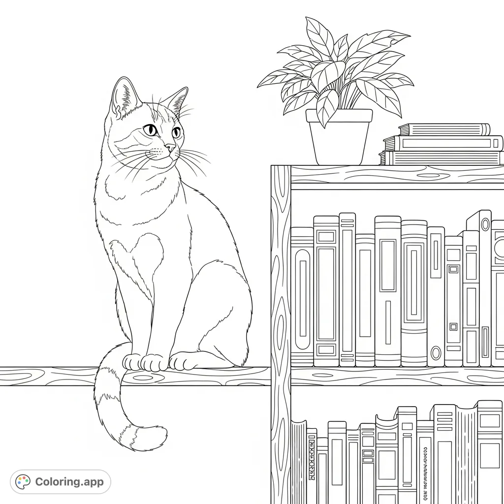 A charming coloring page featuring a domestic cat perched elegantly on a wooden bookshelf, surrounded by stacked books and a small plant.