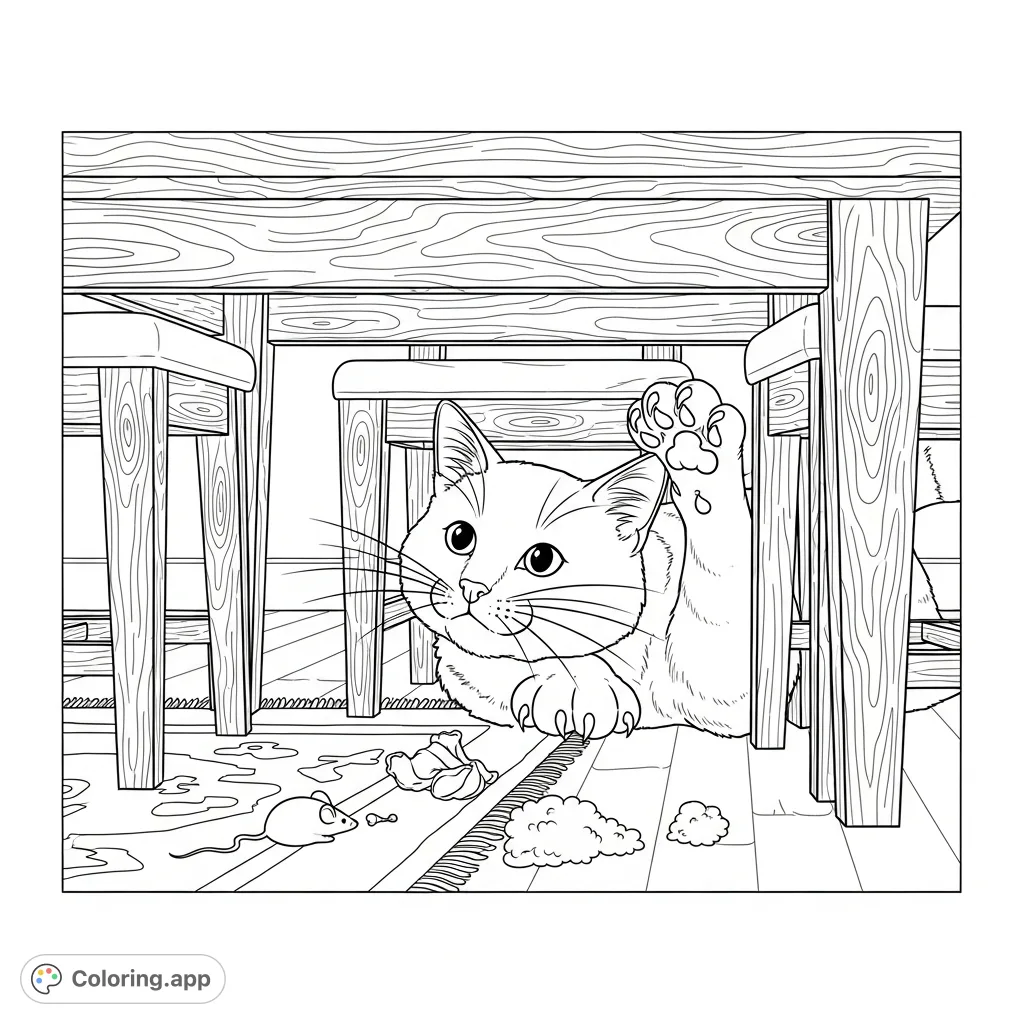 A playful cat peeking from under a dining table, surrounded by chair legs, a toy mouse, and dust bunnies on a patterned rug. A charming scene for all ages.