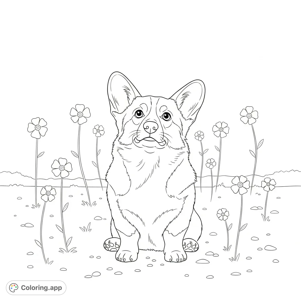 A delightful coloring page featuring a curious corgi surrounded by simple flowers, perfect for all ages and skill levels, offering relaxing creative fun.