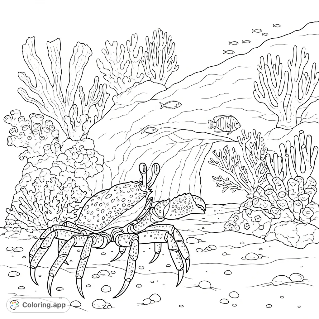 A detailed coloring page featuring a curious crab exploring the vibrant entrance of a coral reef cave, surrounded by diverse marine life and rock formations.