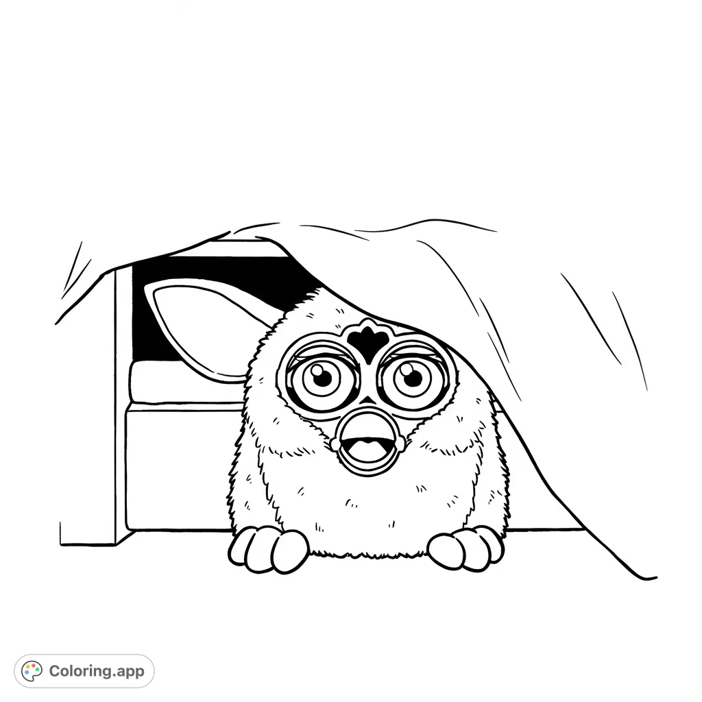 An adorable fluffy creature with big eyes peeks from under a cozy blanket. A charming free printable creature coloring page for kids and adults.