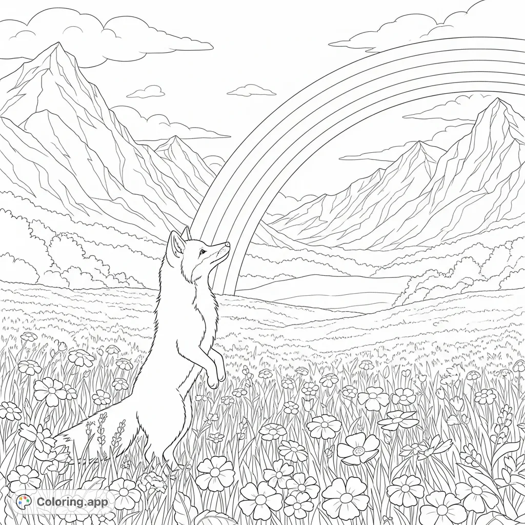 A charming fox stands on its hind legs, gazing at a rainbow's end in a wildflower meadow with majestic mountains. A delightful nature scene for coloring.