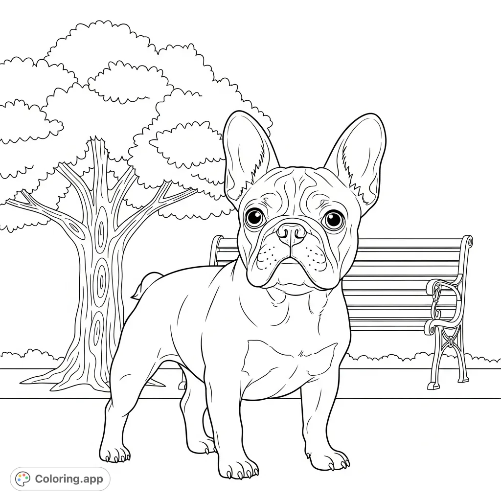 A charming French bulldog, head tilted curiously, waits patiently by a classic park bench with a large tree behind, ready for a playful coloring adventure.