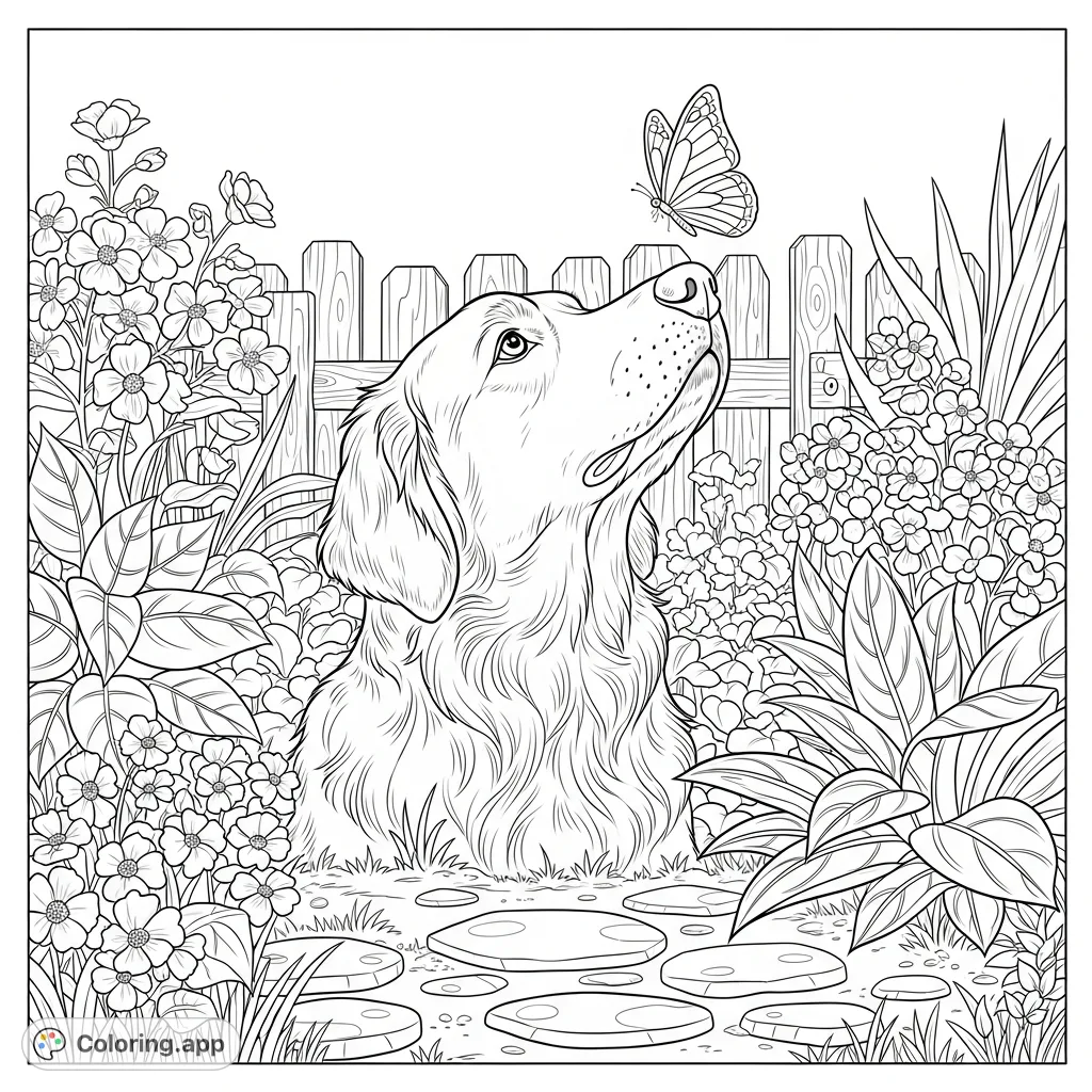 A curious golden retriever observes a delicate butterfly in a vibrant garden. Perfect for dog lovers and nature enthusiasts seeking a relaxing coloring experience.
