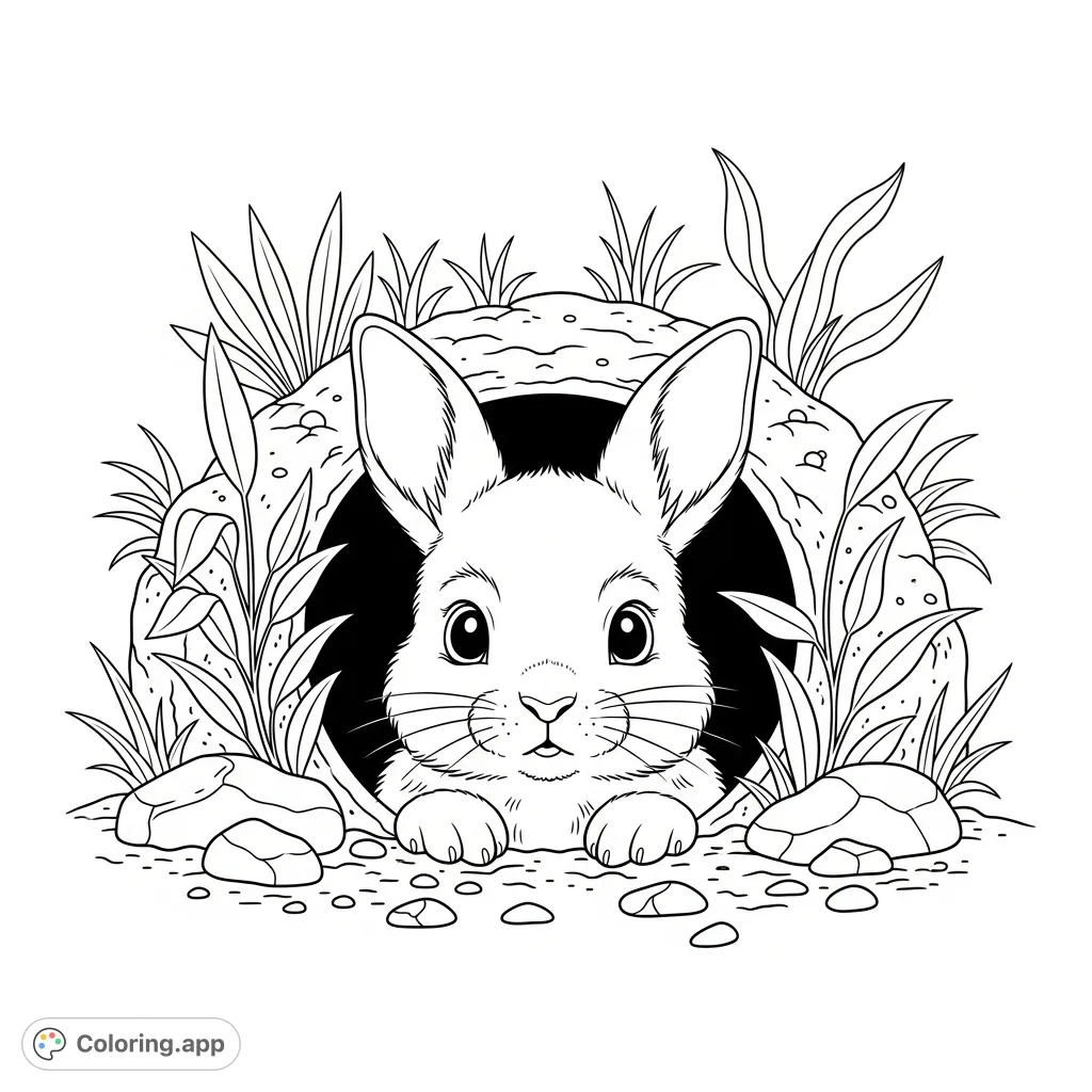A fluffy rabbit kitten peeks cautiously from its burrow, framed by natural foliage and rocks. A charming scene for all ages to color.