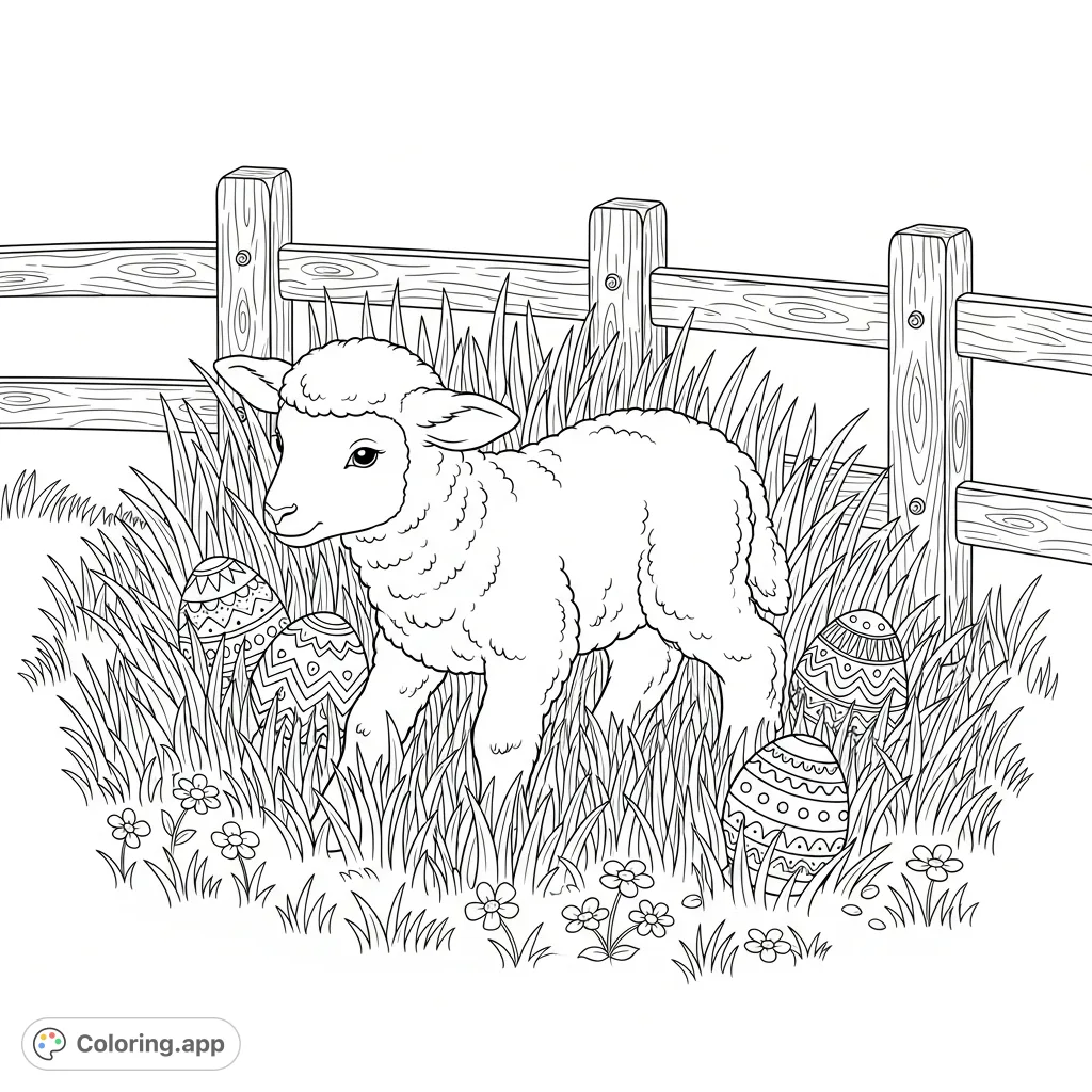 A charming Easter lamb coloring page featuring a curious lamb discovering patterned Easter eggs nestled in tall grass, surrounded by wildflowers and a wooden fence.