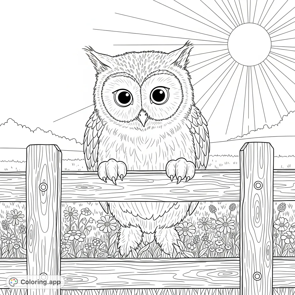 A charming meowl, a unique cat-owl hybrid, peers over a rustic wooden fence amidst wildflowers and a bright sun. A delightful, whimsical scene for coloring.
