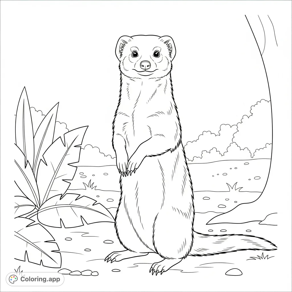 A charming mongoose stands alert on its hind legs, surveying a simplified jungle floor with broad leaves and subtle background elements, ready for creative coloring.