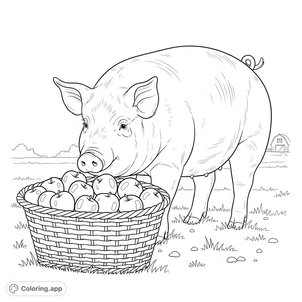 A delightful coloring page featuring a cheerful pig with a curly tail, gently sniffing a bountiful basket of freshly picked apples. Perfect for a cozy farm scene.