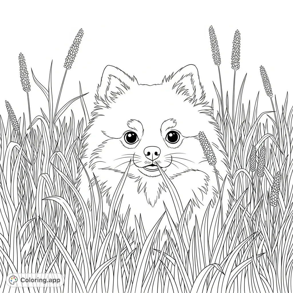 A fluffy Pomeranian dog, peeking inquisitively through a field of dense, tall grass, its ears perked and eyes wide with curiosity. A delightful nature scene.