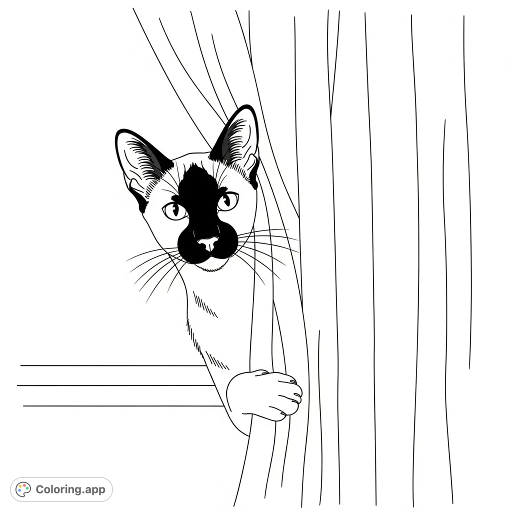 A charming Siamese cat peeks from behind a softly draped curtain, its distinctive features inviting a delightful coloring experience. Perfect for cat lovers.