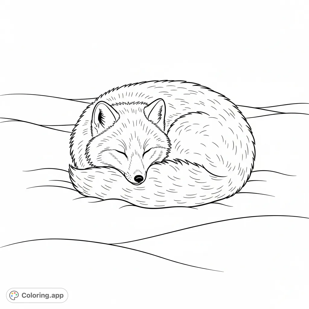 A charming arctic fox coloring page featuring a fluffy fox curled in snow. Perfect for animal lovers and winter enthusiasts.