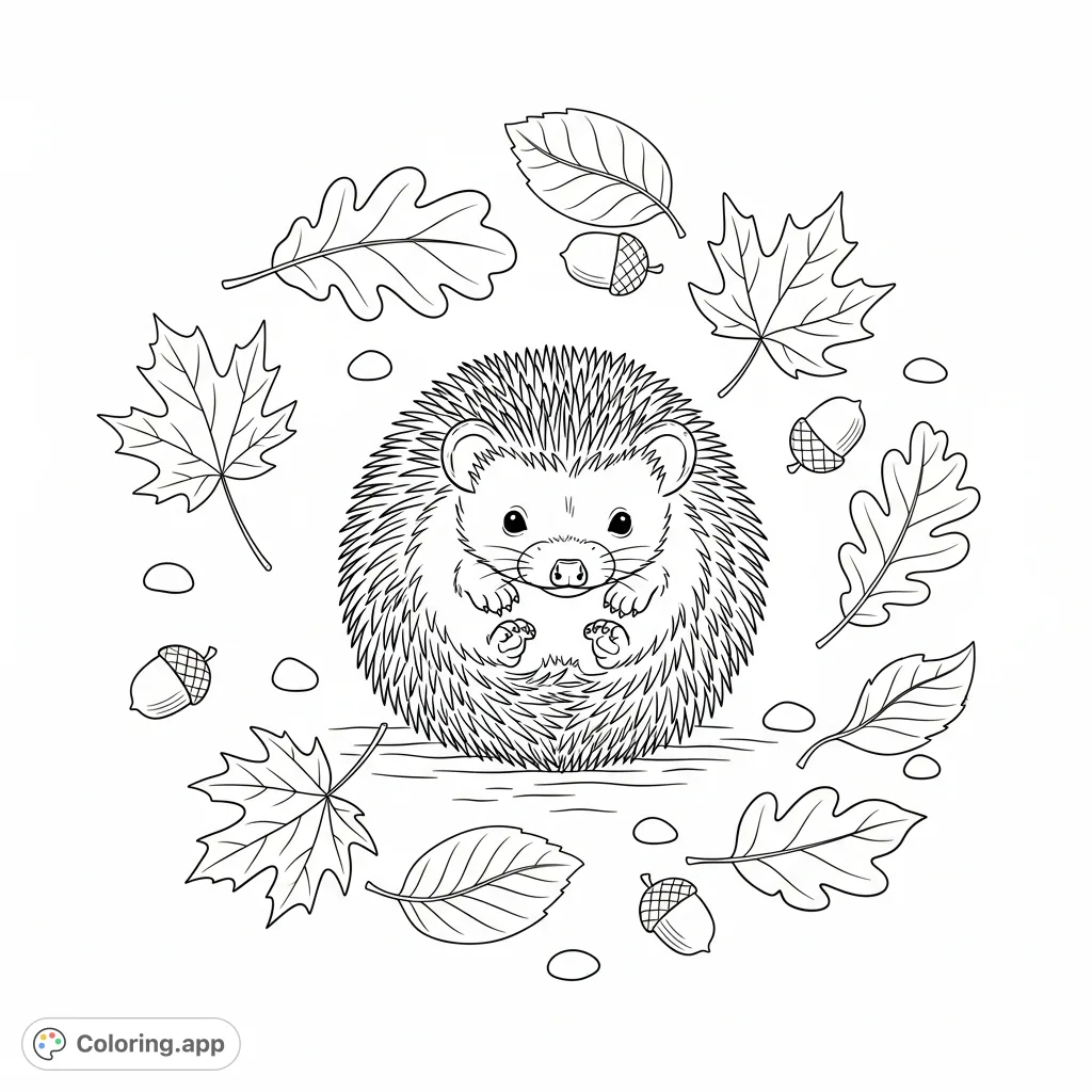 A sweet baby hedgehog curled into a tight ball, nestled amidst a scattering of detailed autumn leaves and tiny forest elements on the woodland floor.