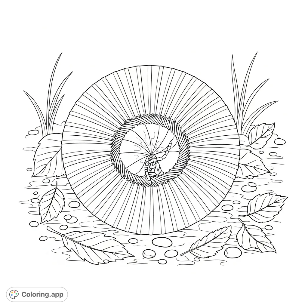 A detailed coloring page featuring a millipede tightly coiled in a defensive posture, surrounded by natural elements like leaves and pebbles on a forest floor.