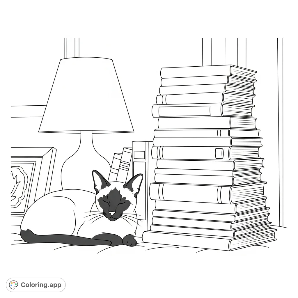 A charming scene featuring a slender Siamese cat curled peacefully beside a tall stack of books, with an elegant lamp silhouette providing a cozy backdrop.